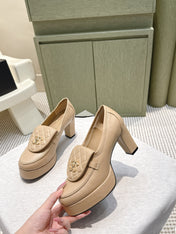CHANEL 25S HIGH-HEELED MOCCASINS 80MM IN LIGHT TAN CALFSKIN GOLD HARDWARE