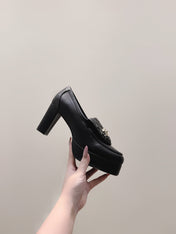 CHANEL 25S HIGH-HEELED MOCCASINS 80MM IN BLACK CALFSKIN GOLD HARDWARE