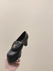 CHANEL 25S HIGH-HEELED MOCCASINS 80MM IN BLACK CALFSKIN GOLD HARDWARE
