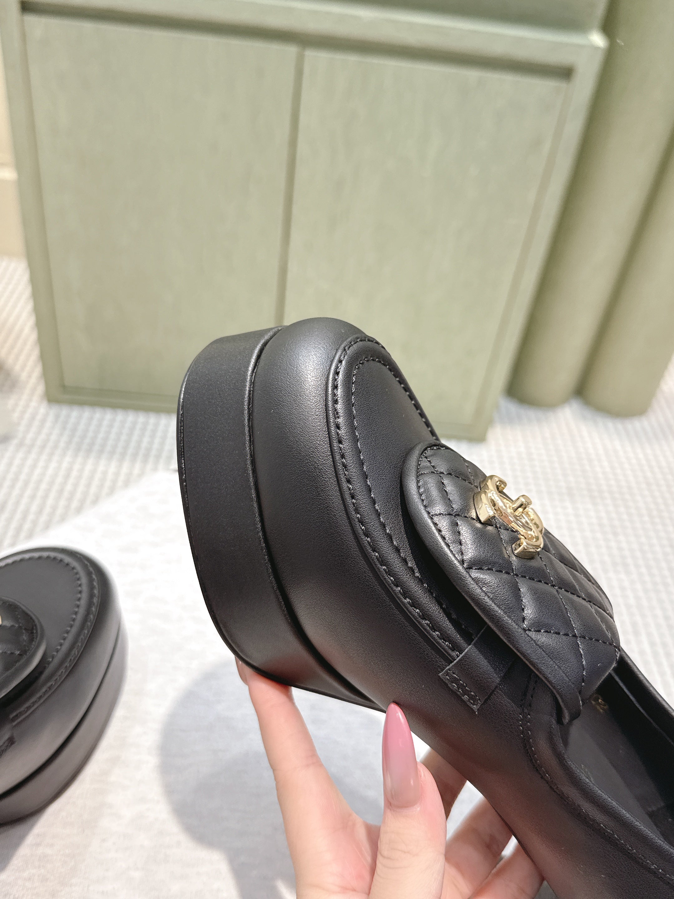 CHANEL 25S HIGH-HEELED MOCCASINS 80MM IN BLACK CALFSKIN GOLD HARDWARE