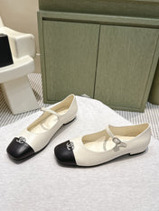 CHANEL 25S MARY JANE FLATS IN IVORY LAMBSKIN WITH BLACK CAP TOE SILVER HARDWARE