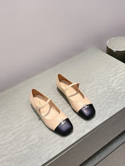 CHANEL 25S MARY JANE FLATS IN BEIGE LAMBSKIN WITH BLACK CAP TOE SILVER HARDWARE