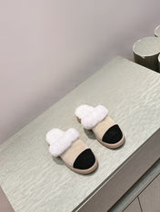 CHANEL 25S FUR-LINED MULES IN BEIGE AND BLACK SUEDE