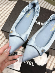 CHANEL 25S MARY JANE BALLET FLATS IN BLUE SILK SATIN