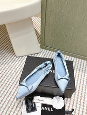 CHANEL 25S MARY JANE BALLET FLATS IN BLUE SILK SATIN