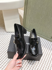 CHANEL 25S GODDESS MOCCASIN LOAFERS 65MM IN BLACK GLOSSY CALFSKIN GOLD HARDWARE