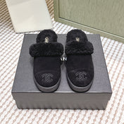 CHANEL 25S INDOOR SLIPPERS IN BLACK SUEDE FUR-LINED