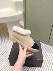 CHANEL 25S SHORT SUEDE BOOTS IN BEIGE AND BLACK WITH SHEEPSKIN LINING