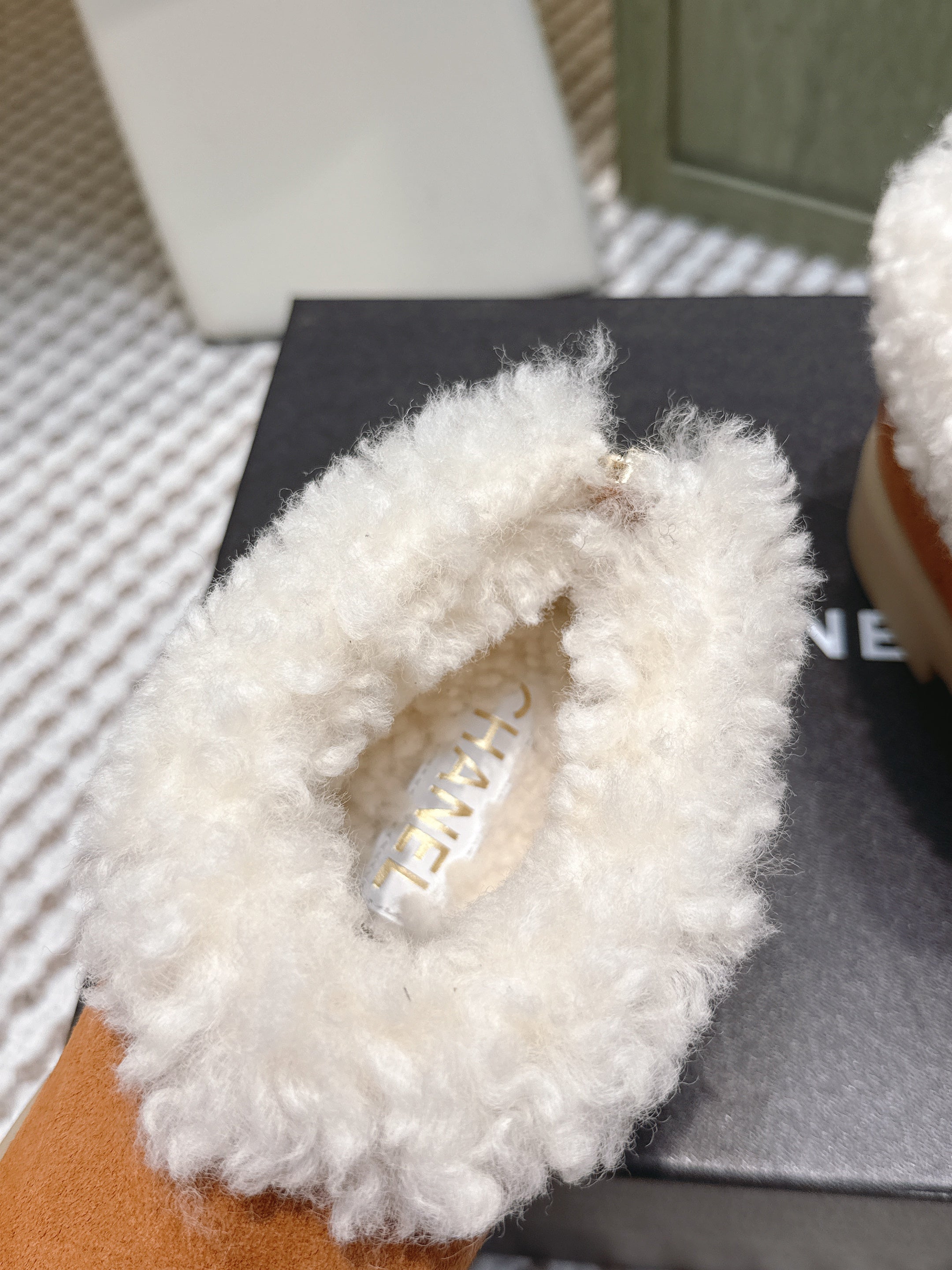 CHANEL 25S SHORT SUEDE BOOTS IN CARAMEL AND BLACK WITH SHEEPSKIN LINING