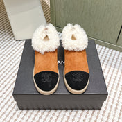 CHANEL 25S SHORT SUEDE BOOTS IN CARAMEL AND BLACK WITH SHEEPSKIN LINING