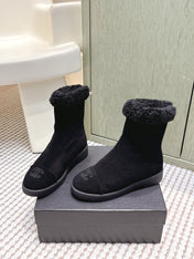 CHANEL 25S CALF-HIGH BOOTS IN BLACK SUEDE LINED WITH SHEEPSKIN