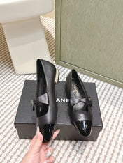 CHANEL 25S MARY JANE BALLET FLATS IN BLACK LAMBSKIN PATENT CAP TOE WITH BOW