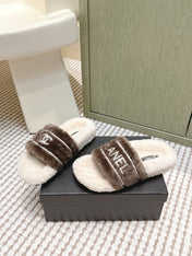 CHANEL 25S FLUFFY SLIDERS IN BEIGE AND BROWN
