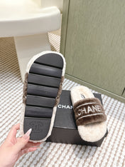CHANEL 25S FLUFFY SLIDERS IN BEIGE AND BROWN