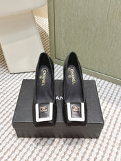 CHANEL 25S SLINGBACK SHOES 90MM IN BLACK CALFSKIN SQUARE TOE GOLD HARDWARE