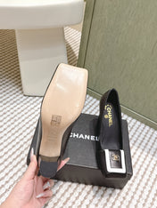 CHANEL 25S SLINGBACK SHOES 90MM IN BLACK CALFSKIN SQUARE TOE GOLD HARDWARE
