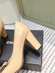 CHANEL 25S SLINGBACK SHOES 90MM IN BEIGE CALFSKIN SQUARE TOE GOLD HARDWARE