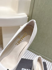 CHANEL 25S SLINGBACK SHOES 90MM IN WHITE CALFSKIN SQUARE TOE GOLD HARDWARE