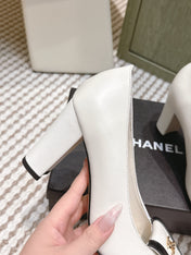 CHANEL 25S SLINGBACK SHOES 90MM IN WHITE CALFSKIN SQUARE TOE GOLD HARDWARE