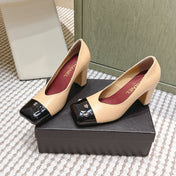 CHANEL 25S SQUARE-TOE HIGH HEELS 90MM IN DARK BEIGE AND BLACK CALFSKIN