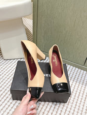 CHANEL 25S SQUARE-TOE HIGH HEELS 90MM IN DARK BEIGE AND BLACK CALFSKIN