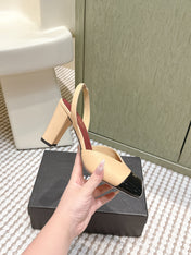 CHANEL 25S HIGH-HEELED SQUARE-TOE SLINGBACK 90MM IN DARK BEIGE AND BLACK CALFSKIN