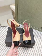 CHANEL 25S HIGH-HEELED SQUARE-TOE SLINGBACK 90MM IN DARK BEIGE AND BLACK CALFSKIN