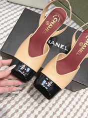 CHANEL 25S HIGH-HEELED SQUARE-TOE SLINGBACK 90MM IN DARK BEIGE AND BLACK CALFSKIN