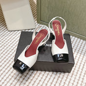 CHANEL 25S HIGH-HEELED SQUARE-TOE SLINGBACK 90MM IN WHITE AND BLACK CALFSKIN
