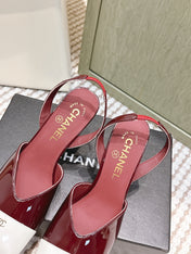 CHANEL 25S HIGH-HEELED SQUARE-TOE SLINGBACK 90MM IN DARK RED AND WHITE CALFSKIN