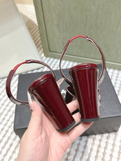 CHANEL 25S HIGH-HEELED SQUARE-TOE SLINGBACK 90MM IN DARK RED AND WHITE CALFSKIN