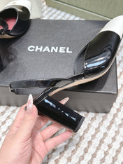 CHANEL 25S HIGH-HEELED SQUARE-TOE SLINGBACK 90MM IN BLACK AND WHITE CALFSKIN