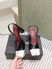 CHANEL 25S HIGH-HEELED SQUARE-TOE SLINGBACK 90MM IN BLACK AND WHITE CALFSKIN