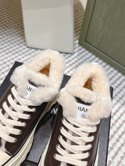 CHANEL 25S THICK-SOLE SNEAKERS 60MM IN DARK BROWN AND BEIGE CALFSKIN WITH FUR LINING