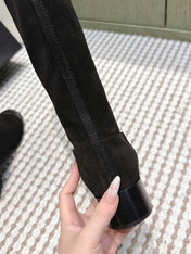 CHANEL 25S HIGH-CALF COWBOY BOOTS IN BLACK SUEDE AND CALFSKIN DIAMOND-QUILTED