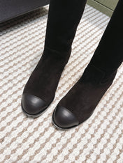 CHANEL 25S HIGH-CALF COWBOY BOOTS IN BLACK SUEDE AND CALFSKIN DIAMOND-QUILTED