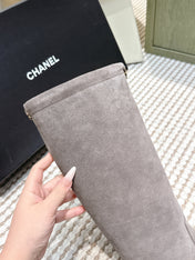 CHANEL 25S KNEE-HIGH BOOTS IN GREY SUEDE GOLD HARDWARE