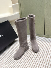 CHANEL 25S KNEE-HIGH BOOTS IN GREY SUEDE GOLD HARDWARE