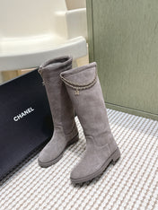 CHANEL 25S KNEE-HIGH BOOTS IN GREY SUEDE GOLD HARDWARE