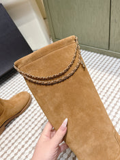 CHANEL 25S KNEE-HIGH BOOTS IN CARAMEL SUEDE GOLD HARDWARE
