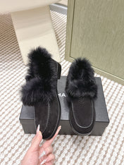CHANEL 25S LOAFERS MOCCASIN IN BLACK SUEDE WITH MINK FUR LINING