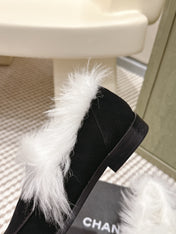 CHANEL 25S LOAFERS MOCCASIN IN BLACK SUEDE WITH WHITE MINK FUR LINING