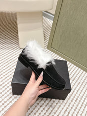 CHANEL 25S LOAFERS MOCCASIN IN BLACK SUEDE WITH WHITE MINK FUR LINING