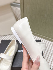 CHANEL 25S MARY JANE FLAT IN WHITE LAMBSKIN WITH BLACK VELVET CAP TOE