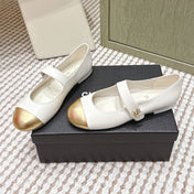 CHANEL 25S MARY JANE FLAT IN WHITE LAMBSKIN WITH YELLOW CAP TOE GOLD HARDWARE