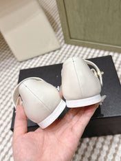 CHANEL 25S MARY JANE FLAT IN WHITE LAMBSKIN WITH YELLOW CAP TOE GOLD HARDWARE