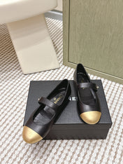 CHANEL 25S MARY JANE FLAT IN BLACK LAMBSKIN WITH YELLOW CAP TOE GOLD HARDWARE