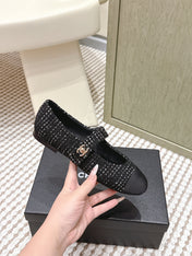 CHANEL 25S MARY JANE FLAT IN BLACK TWEED WITH CAP TOE GOLD HARDWARE