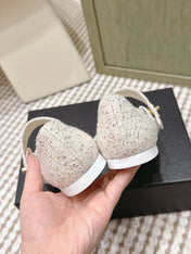 CHANEL 25S MARY JANE FLAT IN WHITE TWEED WITH BLACK CAP TOE GOLD HARDWARE