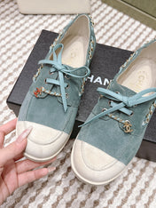 CHANEL 25S MOCCASINS IN LIGHT BLUISH-GRAY AND LIGHT GREY SUEDE
